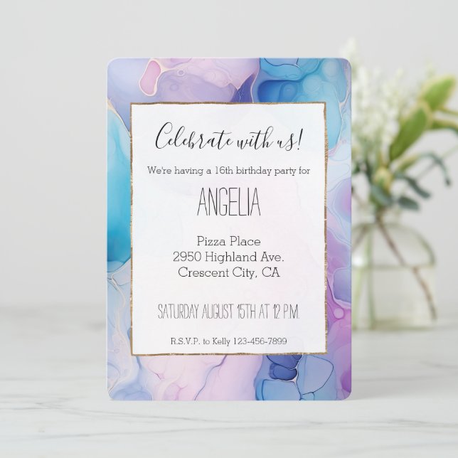Invitación Turquoise Aqua Purple Pink Marble Cumpleaños (Anverso de pie)