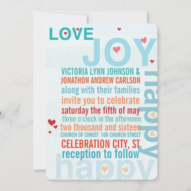 Invitación Turquoise Aqua Red Moderna Typografía Amor Ave (Anverso)