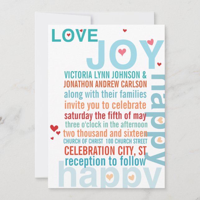 Invitación Turquoise Aqua Red Moderna Typografía Amor Ave (Anverso)