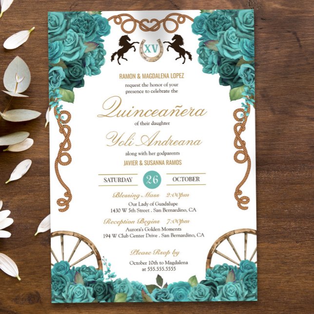 Invitación Turquoise Aquamarine Western Charra Quinceañera (Subido por el creador)
