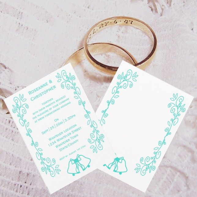 Invitación Turquoise Bells Scrollwork Design Boda (Turquoise wedding invitation bells scrollwork design)