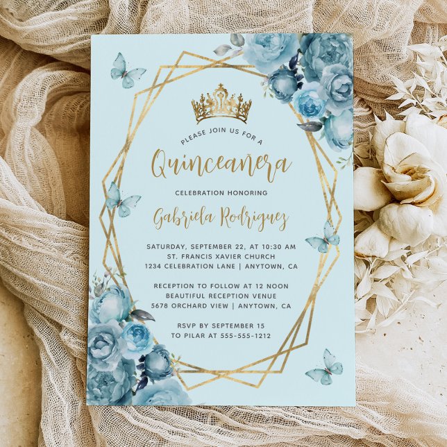 Invitación Turquoise Blue Gold Geométrico Floral Quinceañera (Subido por el creador)