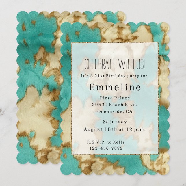 Invitación Turquoise Brown Piel de vaca Western Cowgirl (Anverso / Reverso)