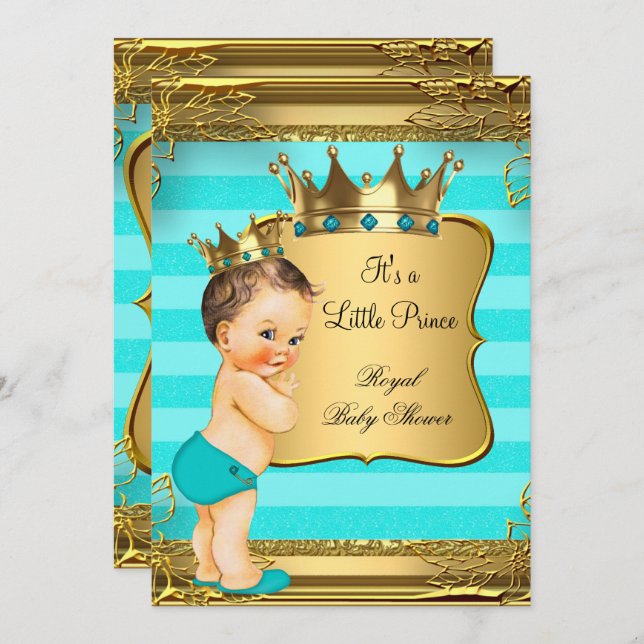 Invitación Turquoise Brunette Baby Shower Prince Baby Boy (Anverso / Reverso)