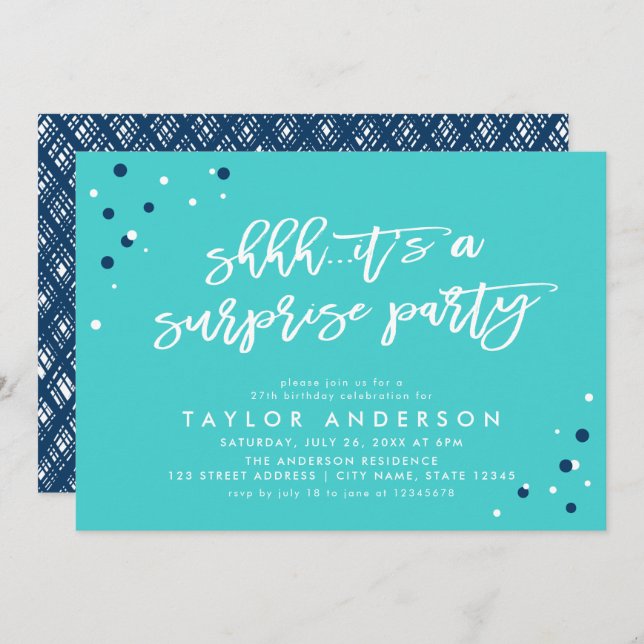 Invitación Turquoise Confetti es un cumpleaños Fiesta sorpres (Anverso / Reverso)