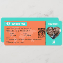 Invitación Turquoise & Coral Boarding Pass Wedding
