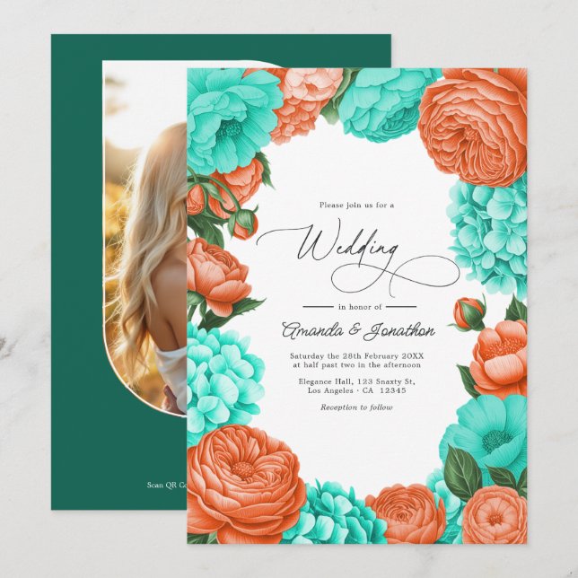 Invitación Turquoise & Coral Floral Wedding (Anverso / Reverso)