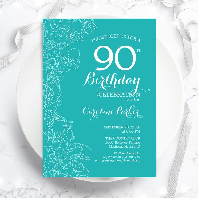 Invitación Turquoise Floral 90 cumpleaños (Subido por el creador)
