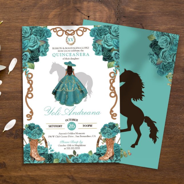 Invitación Turquoise Floral Charro Vestidos Quinceanera (Subido por el creador)