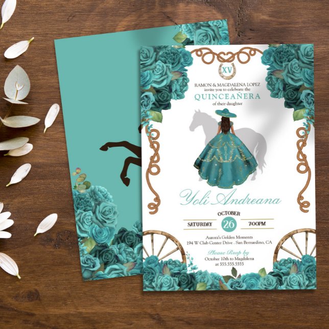 Invitación Turquoise Floral Charro Western Ranch Quinceanera (Subido por el creador)