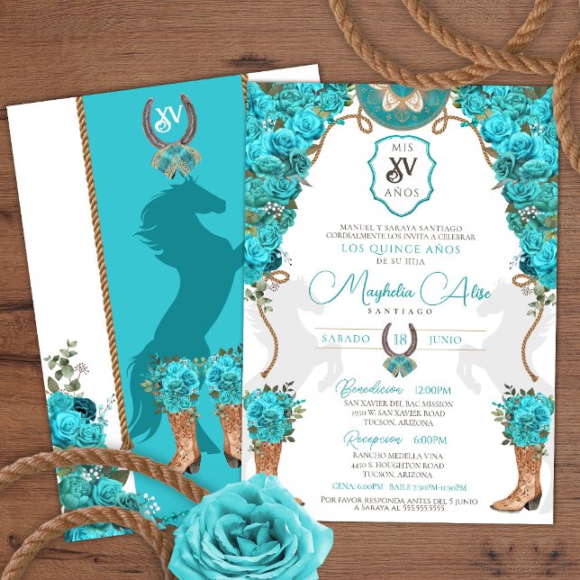 Invitación Turquoise Floral Occidental Charro Ranch Quinceañe (Subido por el creador)
