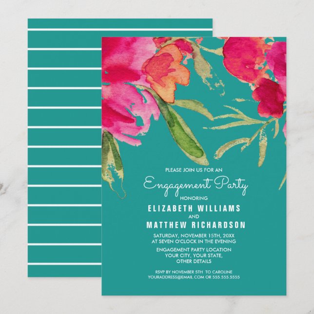 Invitación Turquoise Fuchsia Floral Engagement Party (Anverso / Reverso)
