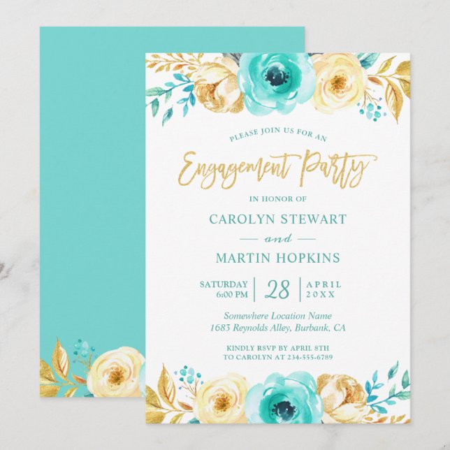 Invitación Turquoise Gold Floral Romance Engagement Party (Anverso / Reverso)