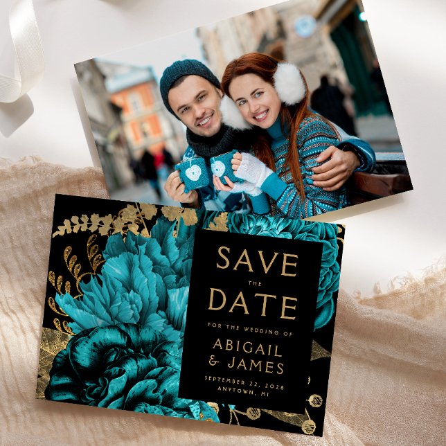 Invitación Turquoise Gold Floral Wedding Save the Date (Subido por el creador)