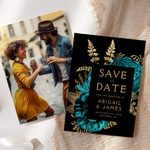 Invitación Turquoise Gold Floral Wedding Save the Date
