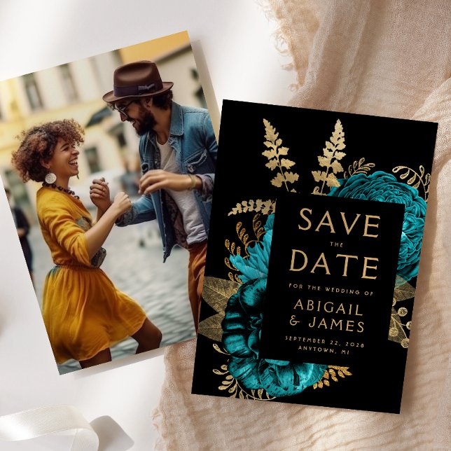 Invitación Turquoise Gold Floral Wedding Save the Date (Subido por el creador)