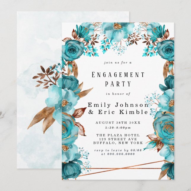 Invitación Turquoise Gold Geometric Floral Engagement Party (Anverso / Reverso)
