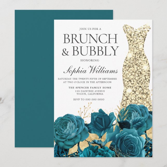 Invitación Turquoise Gold Gown Bridal Shower Brunch & Bubbly (Anverso / Reverso)