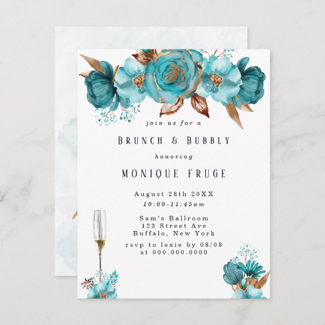 Invitación Turquoise Gold Peony Frame Brunch & Bubbly Invita (Anverso / Reverso)