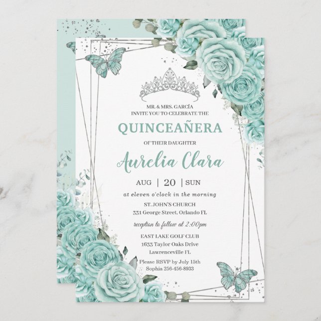 Invitación Turquoise Green Floral Butterflies Quinceanera 15  (Anverso / Reverso)