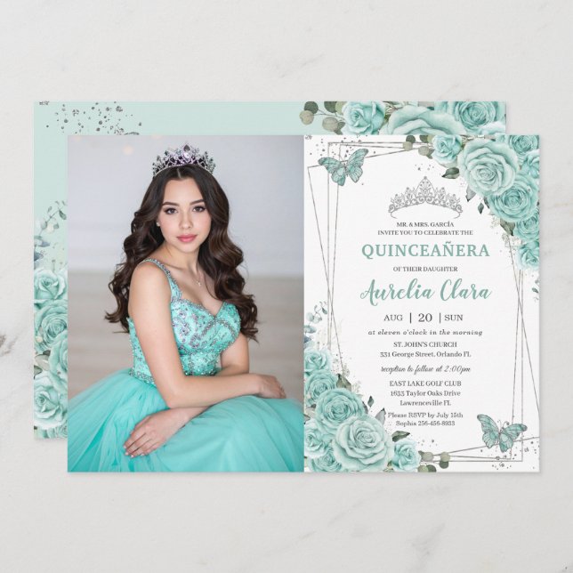 Invitación Turquoise Green Floral Butterflies Quinceanera 15  (Anverso / Reverso)