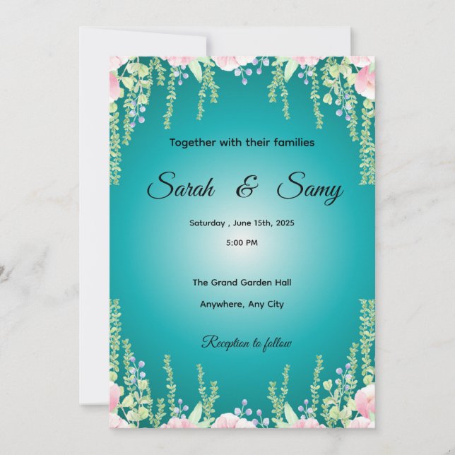 Invitación Turquoise Green Floral Wedding Invitation | Elegan (Anverso)