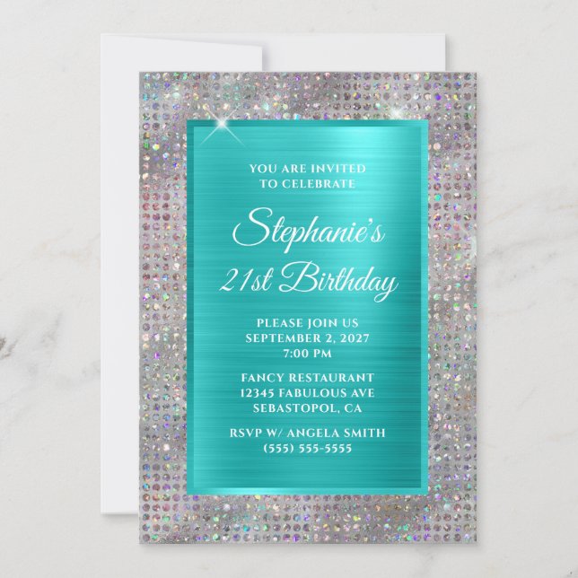 Invitación Turquoise Holo Diamond Studded Relieve metalizado  (Anverso)