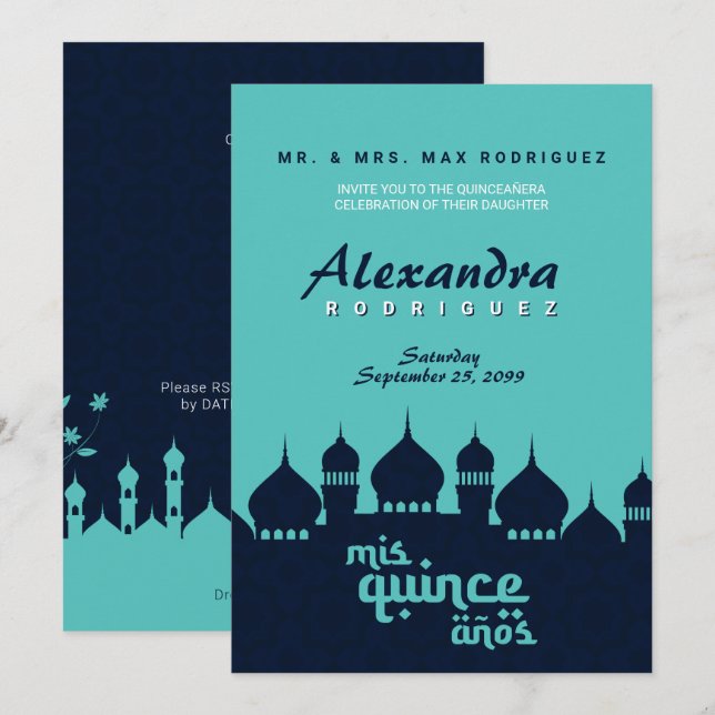 Invitación Turquoise Medianoche Blue Arabian Nights Quinceañe (Anverso / Reverso)
