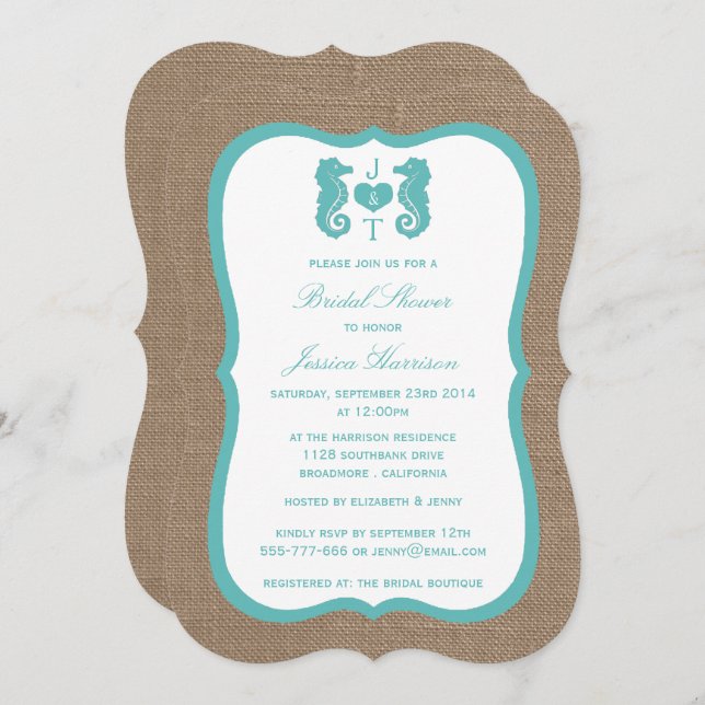 Invitación Turquoise Monogram Seahorse Beach Bridal Shower (Anverso / Reverso)
