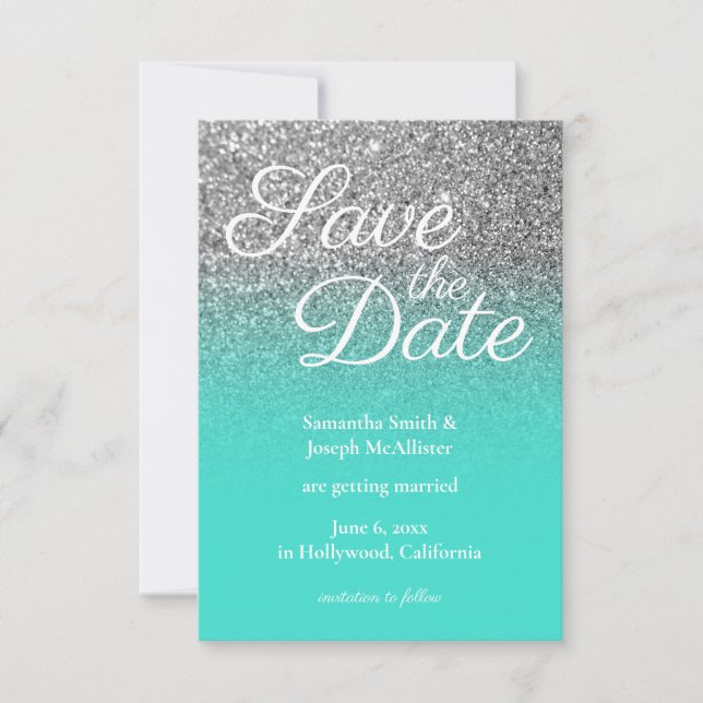 Invitación Turquoise Ombre Silver Purpurina Save the Date (Anverso)