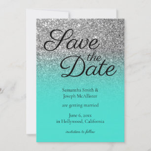 Invitación Turquoise Ombre Silver Purpurina Save the Date