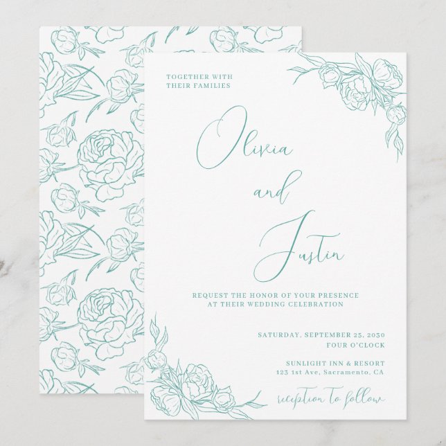 Invitación Turquoise Peony Elegance Boda (Anverso / Reverso)