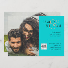 Invitación Turquoise Photo Wedding Invitar código QR Guardar 