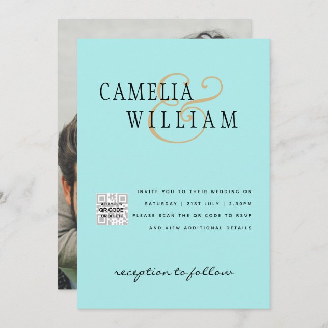 Invitación Turquoise Photo Wedding Invitar código QR Guardar  (Anverso / Reverso)