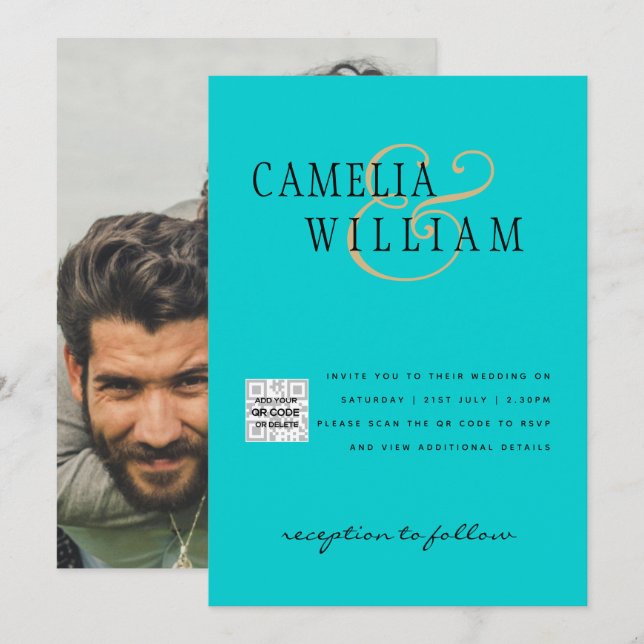 Invitación Turquoise Photo Wedding Invitar código QR Guardar  (Anverso / Reverso)