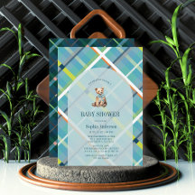 Turquoise Plaid Teddy Bear Boy Baby Shower