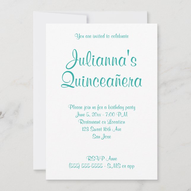 Invitación Turquoise Quinceañera Calligraphy Birthday (Anverso)