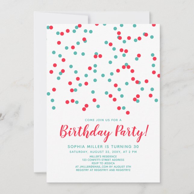 Invitación Turquoise Red Confetti SVG Partido de Cumpleaños M (Anverso)
