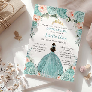 Invitación Turquoise Rubor Floral Princess Gold Quinceañera