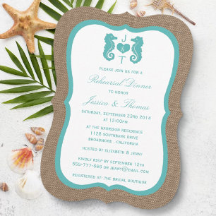 Invitación Turquoise Seahorse Burlap Beach Ensayo Cena