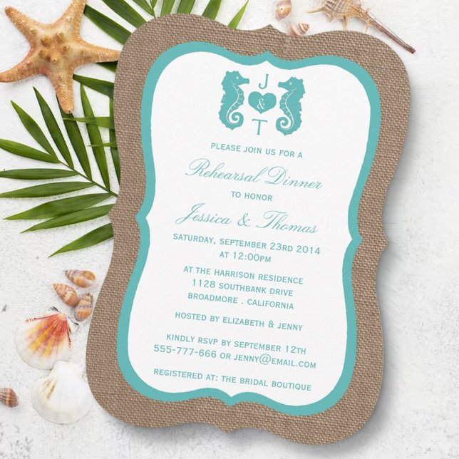 Invitación Turquoise Seahorse Burlap Beach Ensayo Cena (Subido por el creador)