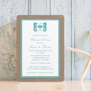 Invitación Turquoise Seahorse Burlap Beach Ensayo Cena