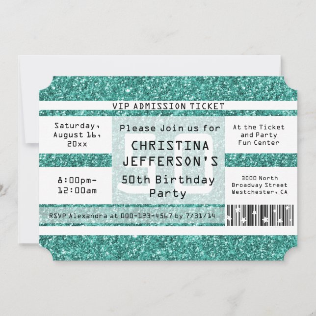 Invitación Turquoise Sparkle 50th Birthday Party Ticket (Anverso)