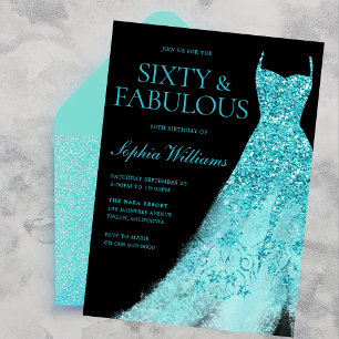 Invitación Turquoise Sparkle Gown y Black 60 cumpleaños