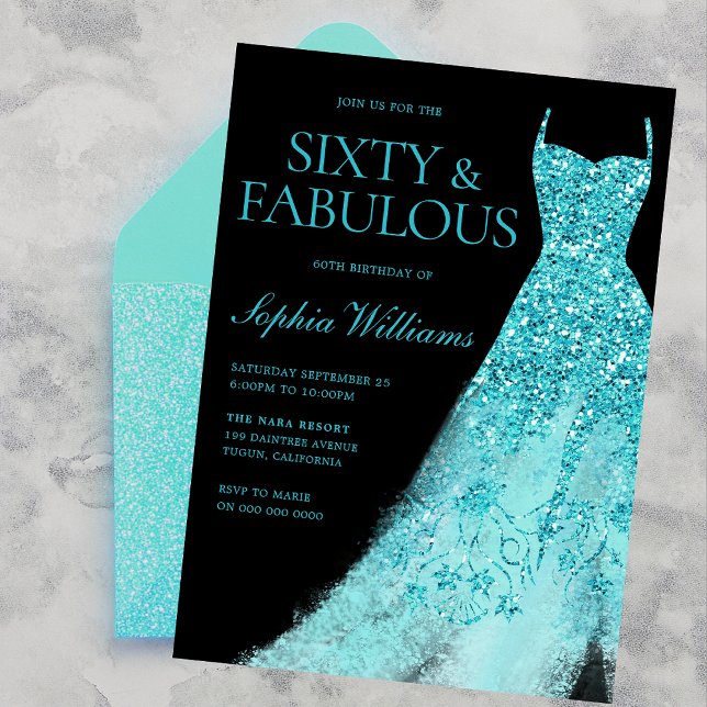 Invitación Turquoise Sparkle Gown y Black 60 cumpleaños (Subido por el creador)