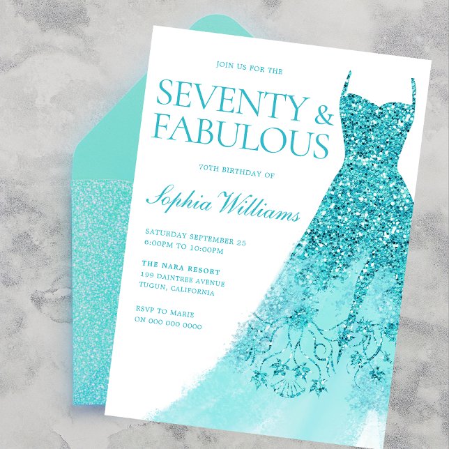 Invitación Turquoise Sparkle Vestido 70 cumpleaños (Subido por el creador)