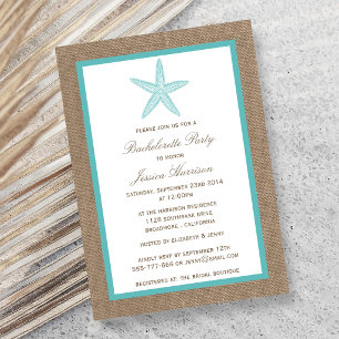 Invitación Turquoise Starfish Beach Burlap Bachelorup Party
