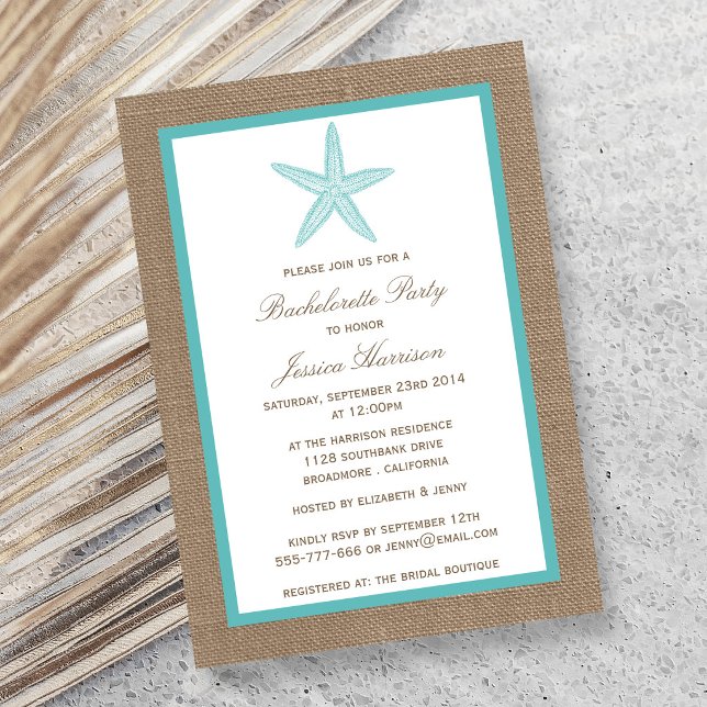 Invitación Turquoise Starfish Beach Burlap Bachelorup Party (Subido por el creador)