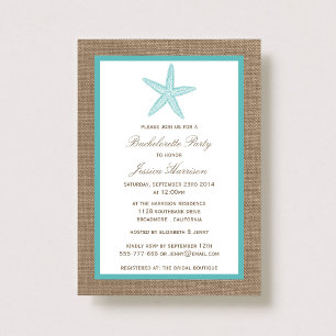 Invitación Turquoise Starfish Beach Burlap Bachelorup Party