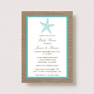 Invitación Turquoise Starfish Burlap Beach Baby Shower